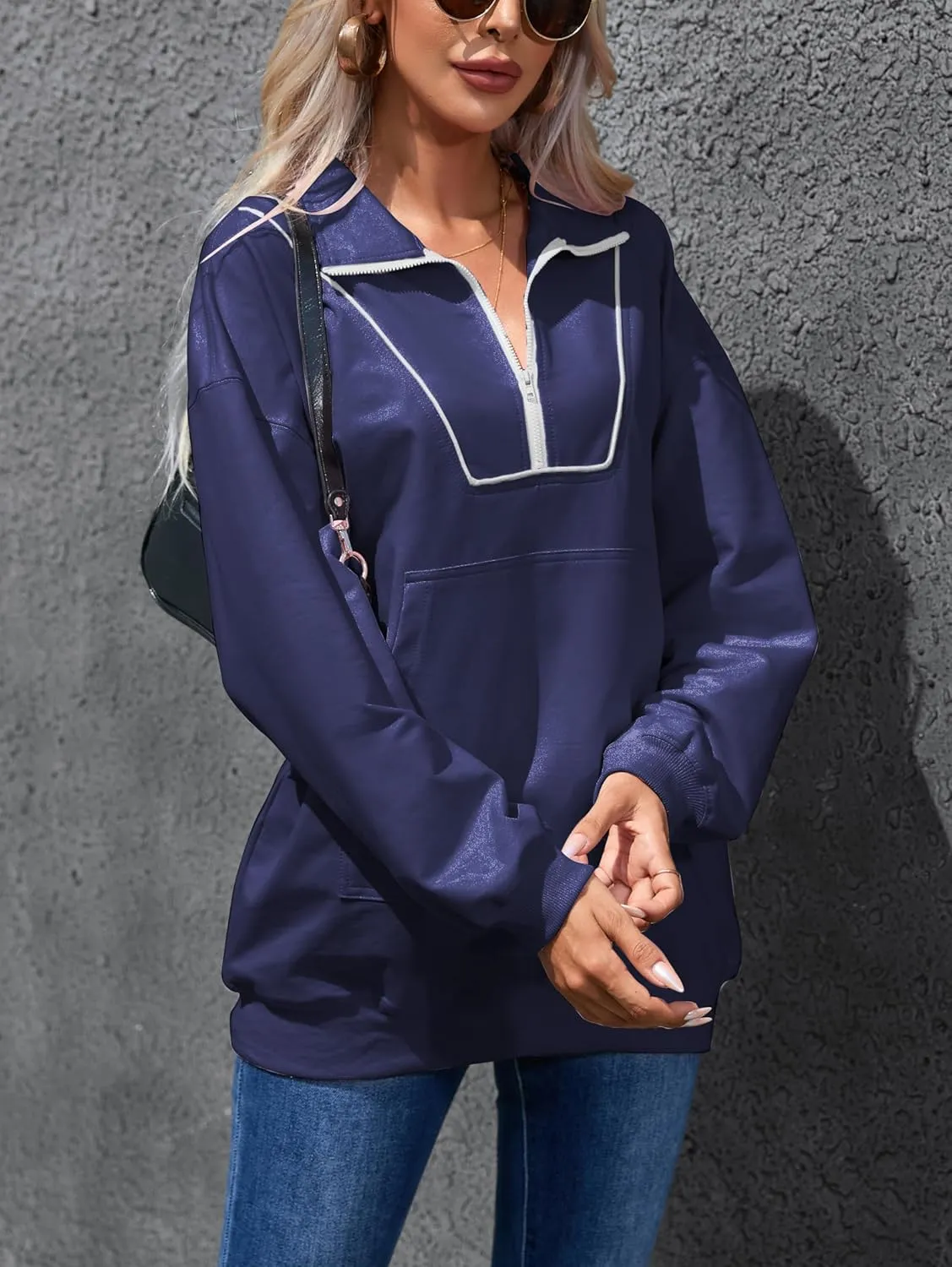 Famulily Cute Half Zipper Lapel Collar Pullover Tops Casual Drop Shoulder Contrast Color Line Sweatshirt with Kangaroo Pocket