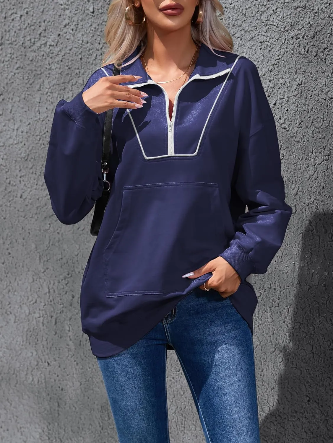 Famulily Cute Half Zipper Lapel Collar Pullover Tops Casual Drop Shoulder Contrast Color Line Sweatshirt with Kangaroo Pocket