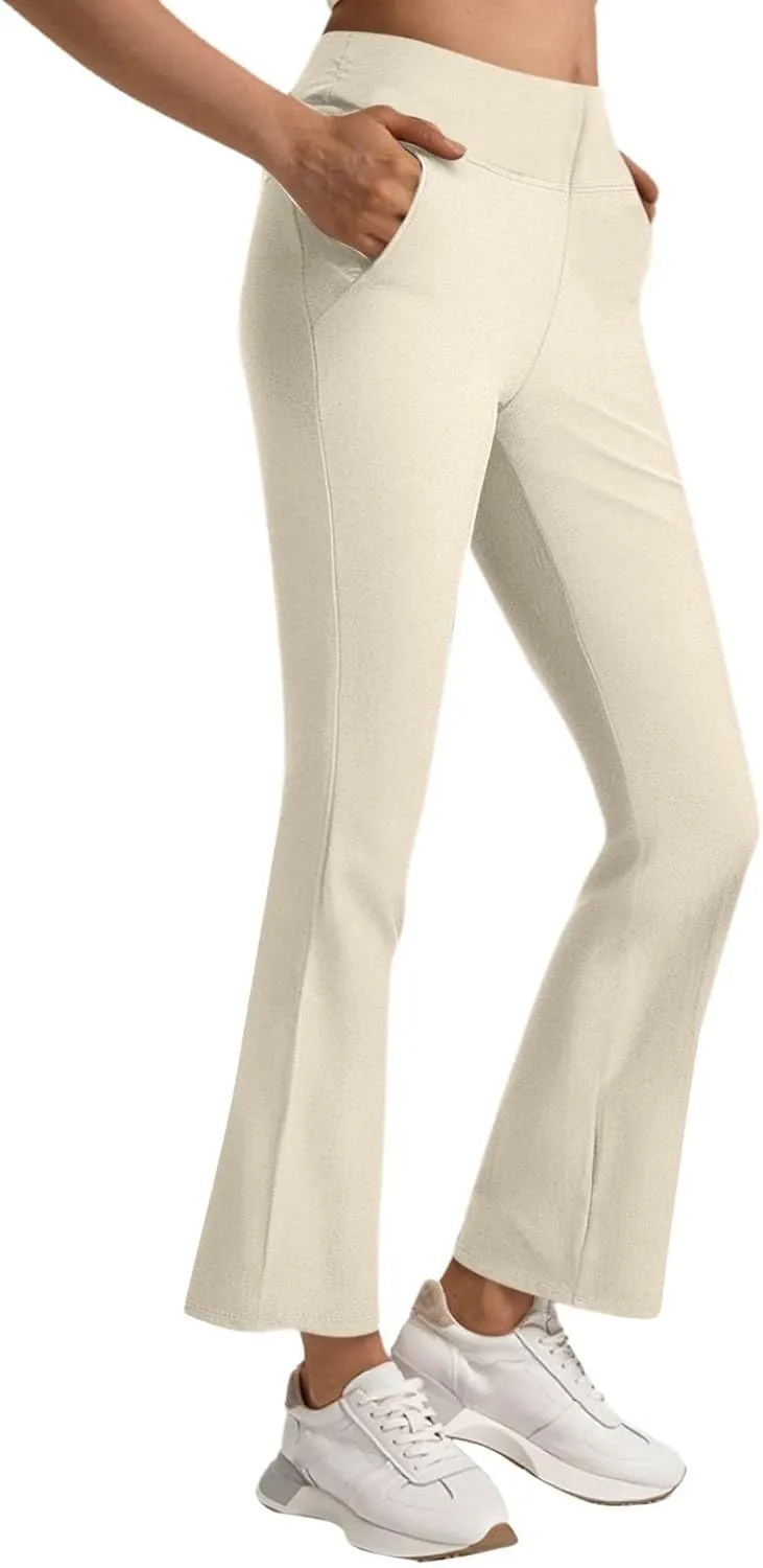 fanmpghleoo Pull On Dress Pants for Women Stretchy Yoga Work Pants High Waisted Flare Leggings with Pockets Office Slacks