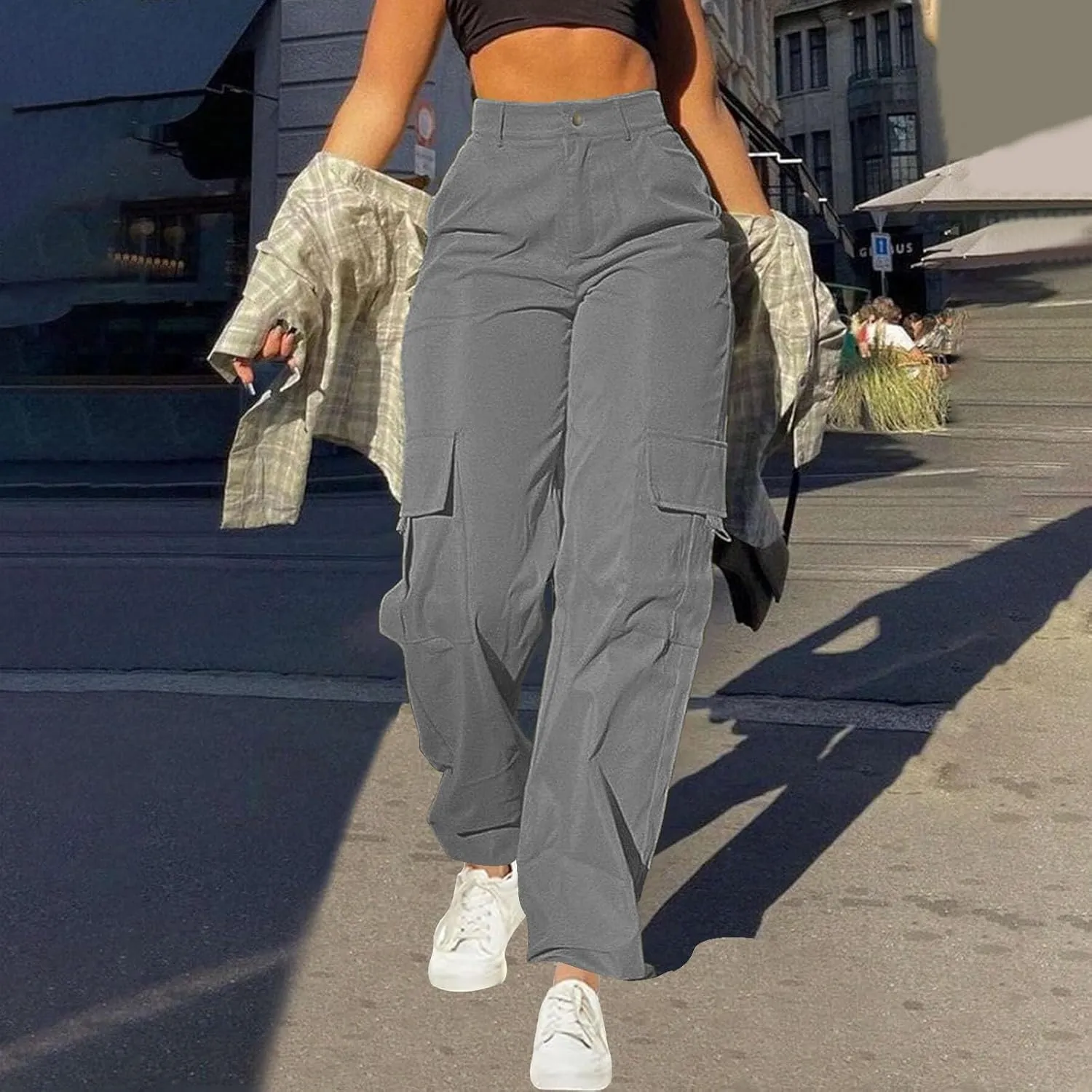 fartey Women's Cargo Pants Stretchy Button High Waist Casual Pants Wide Leg Loose Baggy Y2K Trousers Teen Girls Streetwear