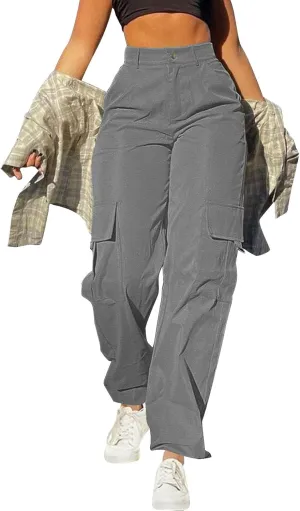 fartey Women's Cargo Pants Stretchy Button High Waist Casual Pants Wide Leg Loose Baggy Y2K Trousers Teen Girls Streetwear