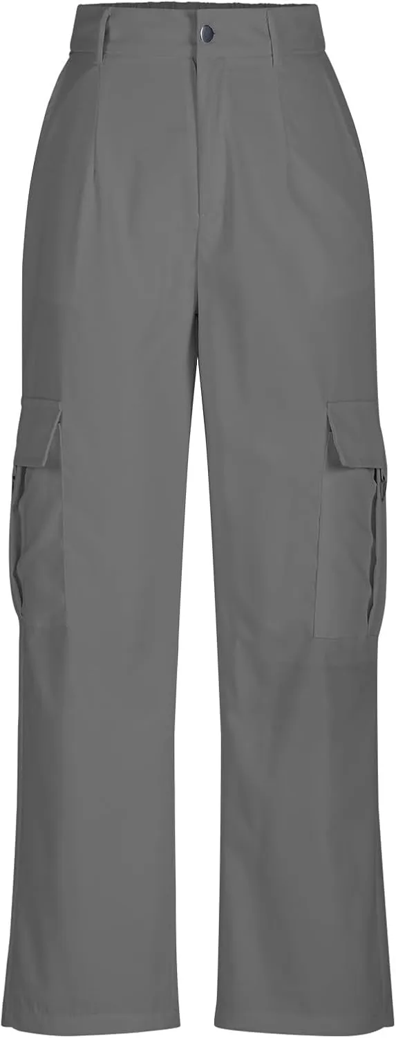 fartey Women's Cargo Pants Stretchy Button High Waist Casual Pants Wide Leg Loose Baggy Y2K Trousers Teen Girls Streetwear
