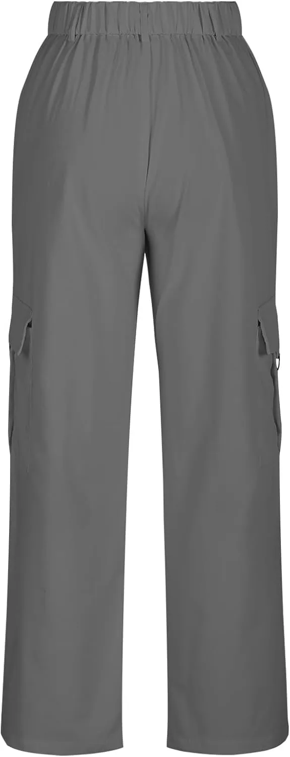fartey Women's Cargo Pants Stretchy Button High Waist Casual Pants Wide Leg Loose Baggy Y2K Trousers Teen Girls Streetwear