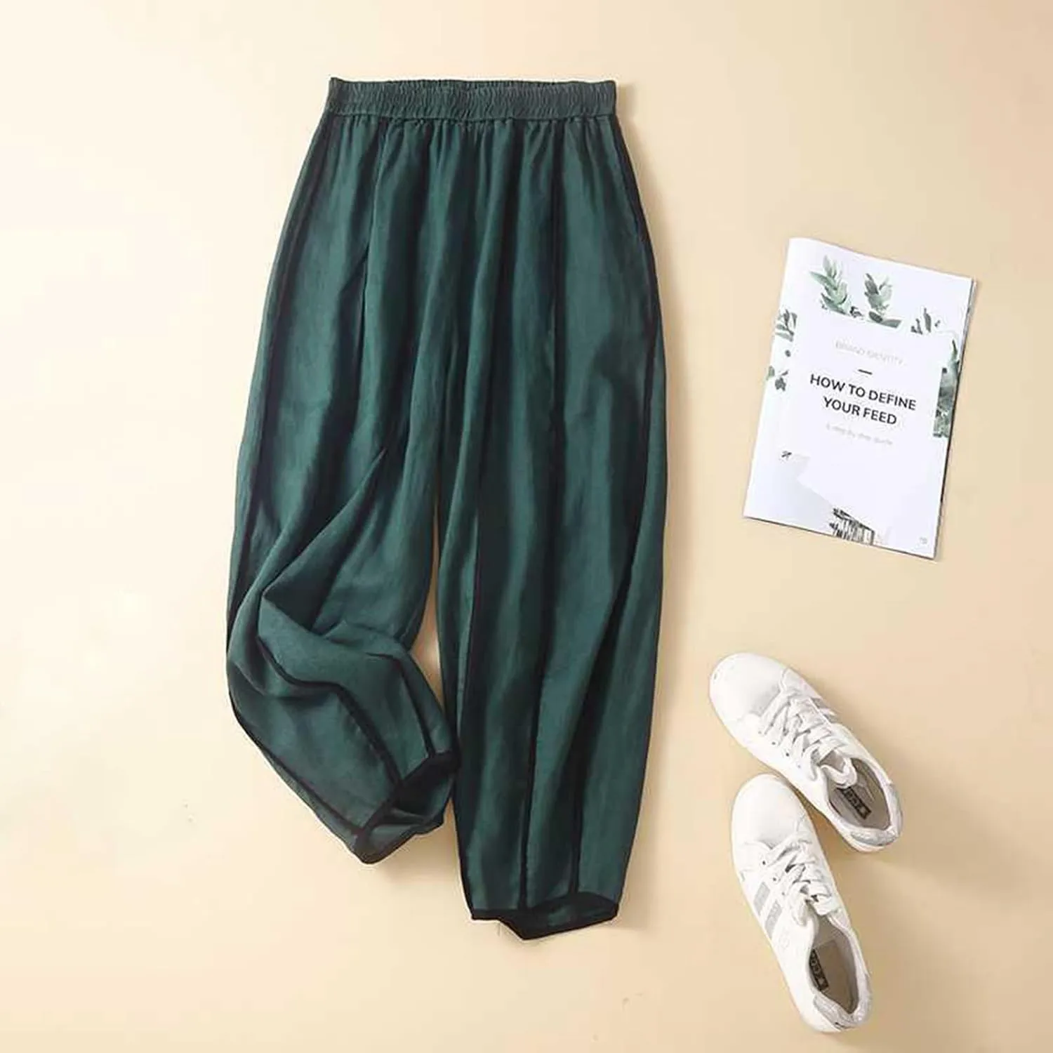 Firzero Women Summer Pants Cotton Linen Pants 2024 Casual Wide Leg Elastic Waist Trousers Loose Fit Straight Leg Pants