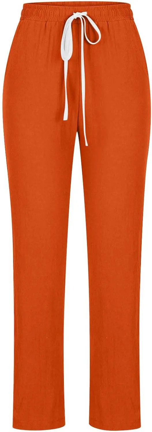 Firzero Womens Pants Summer Casual Cotton Linen Pants 2024 Trendy Solid Drawstring Long Pants Straight Leg Lounge Trousers