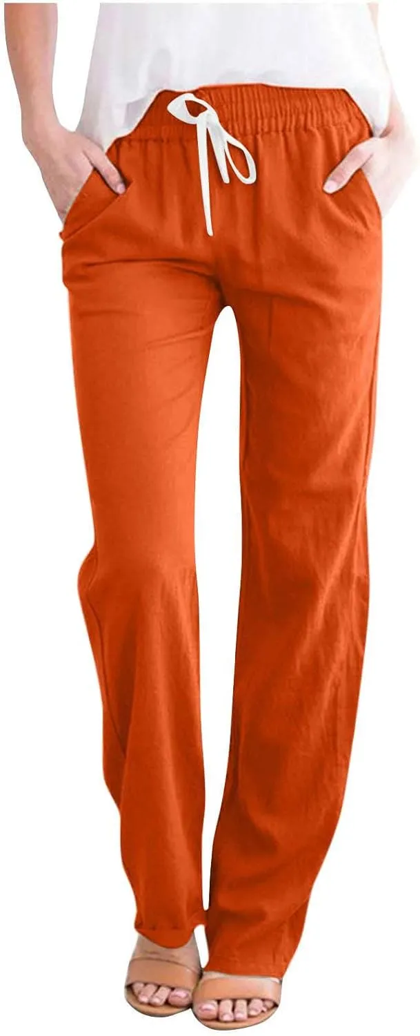 Firzero Womens Pants Summer Casual Cotton Linen Pants 2024 Trendy Solid Drawstring Long Pants Straight Leg Lounge Trousers