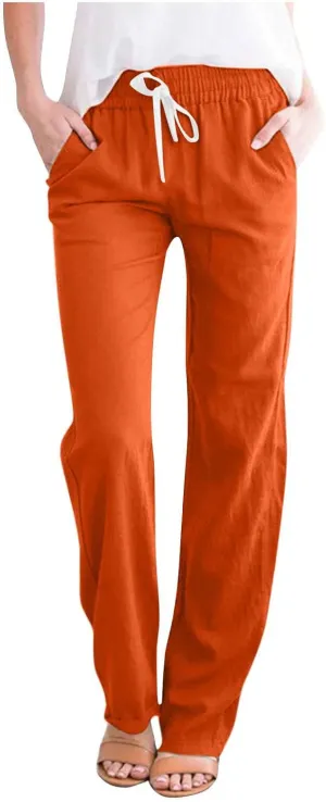 Firzero Womens Pants Summer Casual Cotton Linen Pants 2024 Trendy Solid Drawstring Long Pants Straight Leg Lounge Trousers