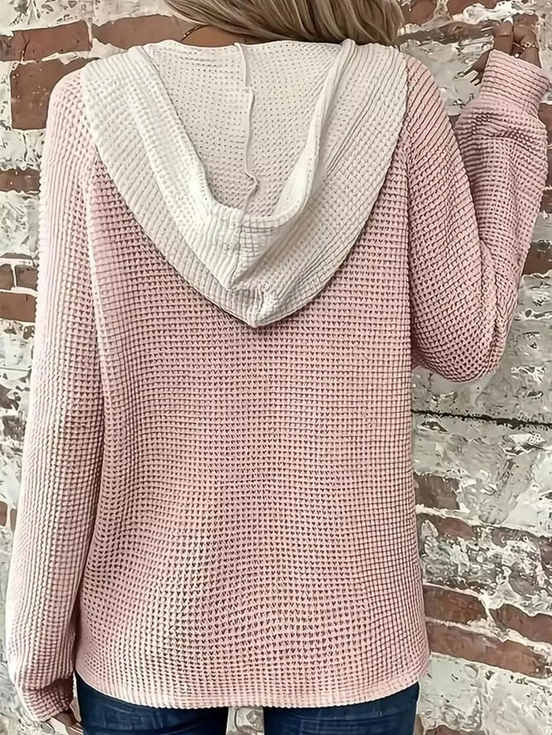 Flamingals Women's Waffle Knit Tops Long Sleeve V Neck Casual Oversized Lightweight Pink Tunic