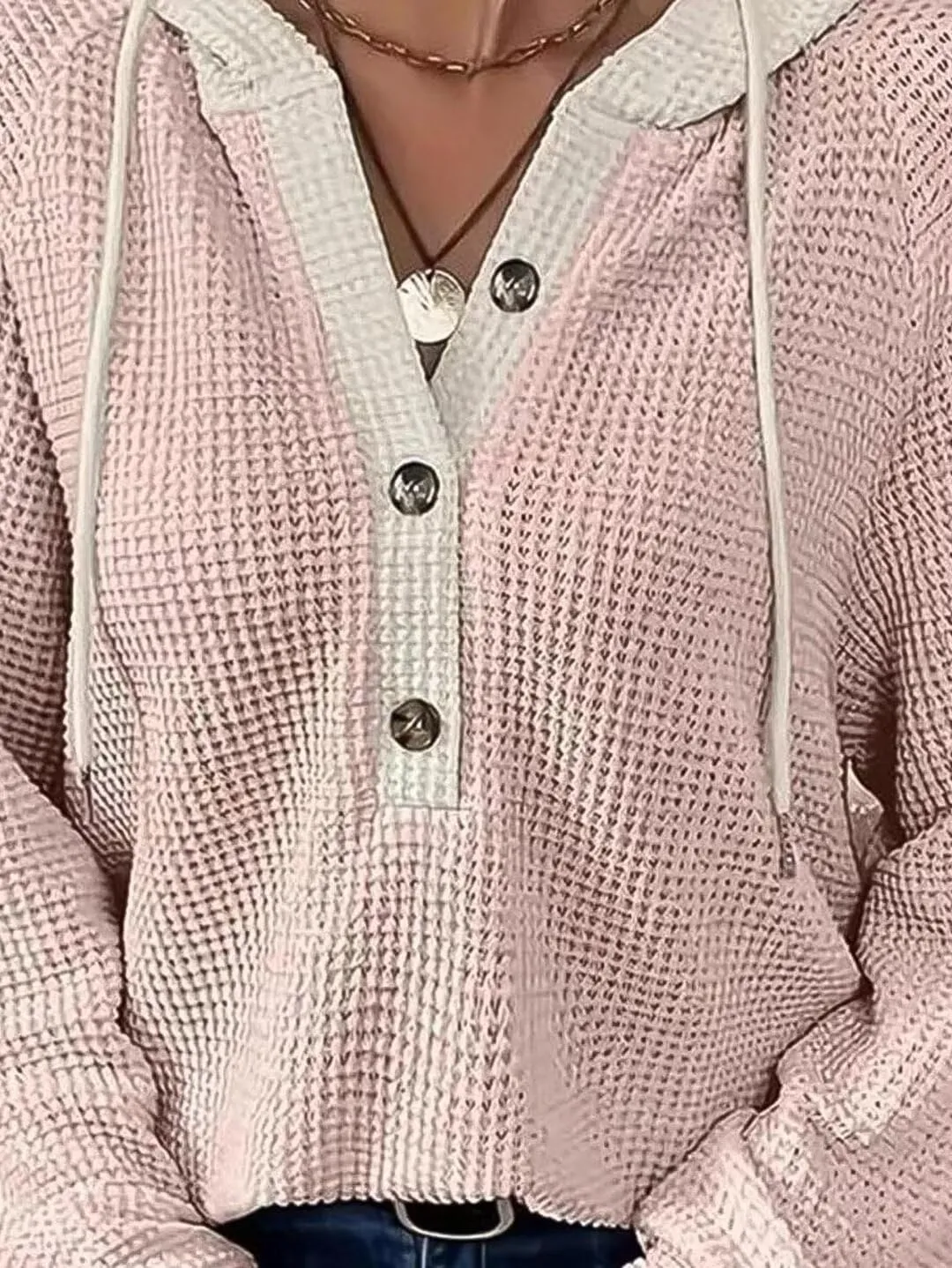 Flamingals Women's Waffle Knit Tops Long Sleeve V Neck Casual Oversized Lightweight Pink Tunic