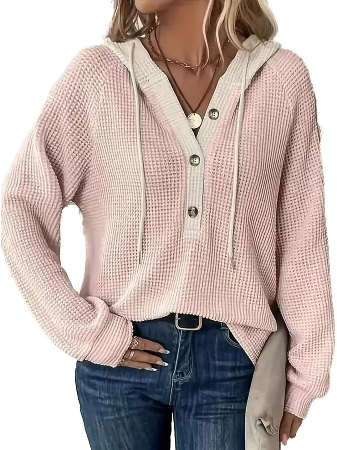 Flamingals Women's Waffle Knit Tops Long Sleeve V Neck Casual Oversized Lightweight Pink Tunic