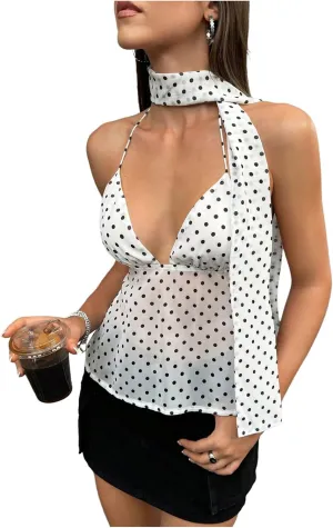 Floerns Women's Polka Dots Tie Front Tops Backless Camisole Tie Back Cami Top with Ribbon
