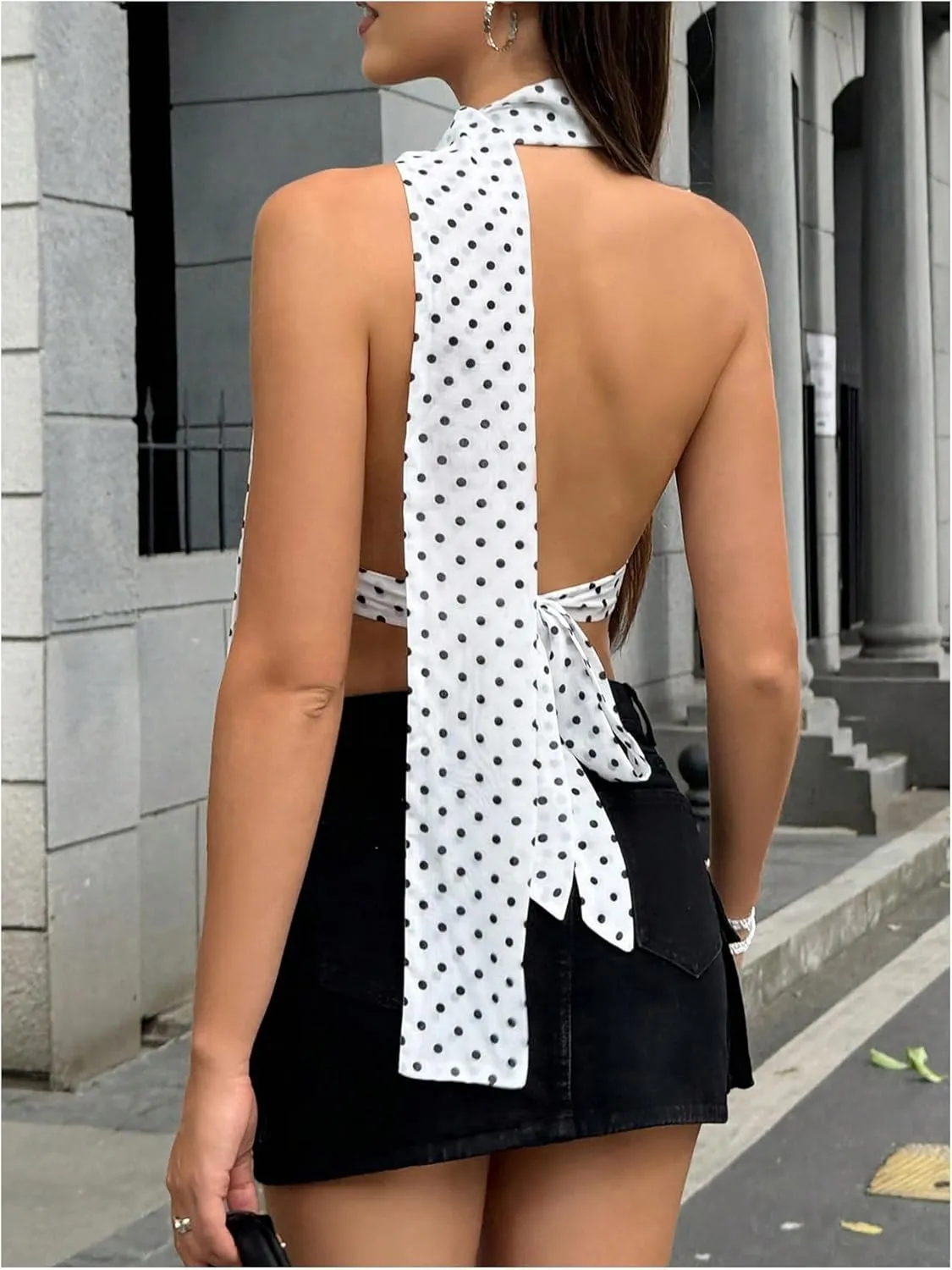 Floerns Women's Polka Dots Tie Front Tops Backless Camisole Tie Back Cami Top with Ribbon