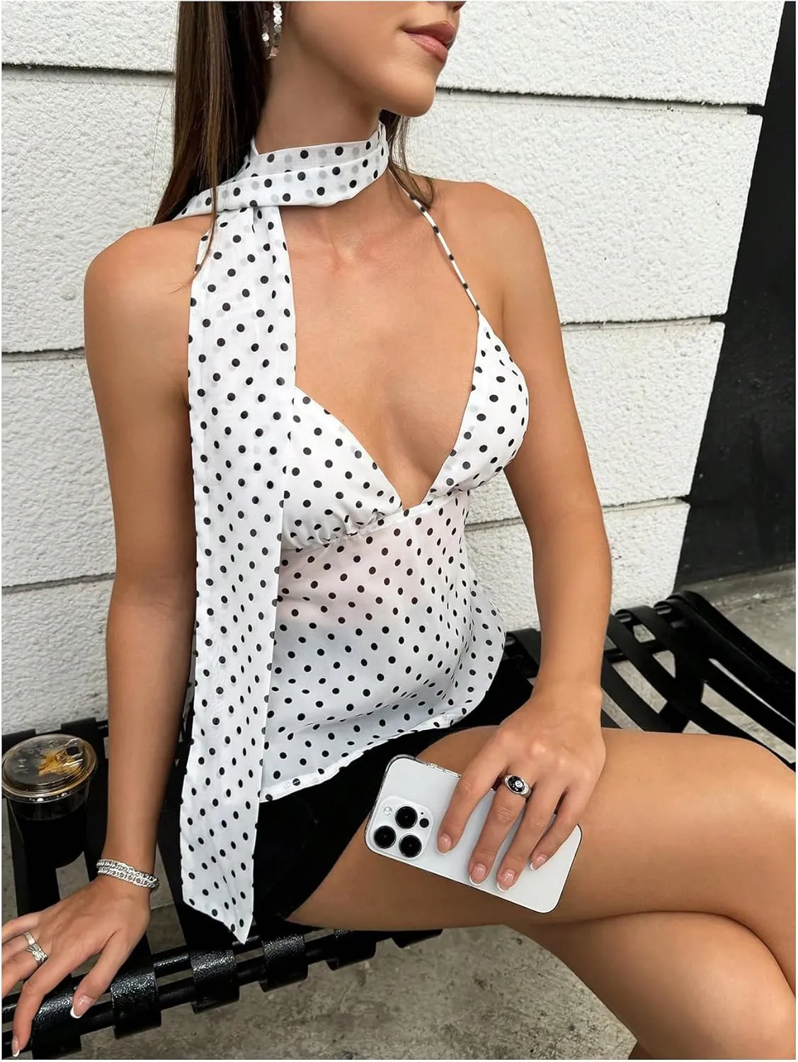 Floerns Women's Polka Dots Tie Front Tops Backless Camisole Tie Back Cami Top with Ribbon