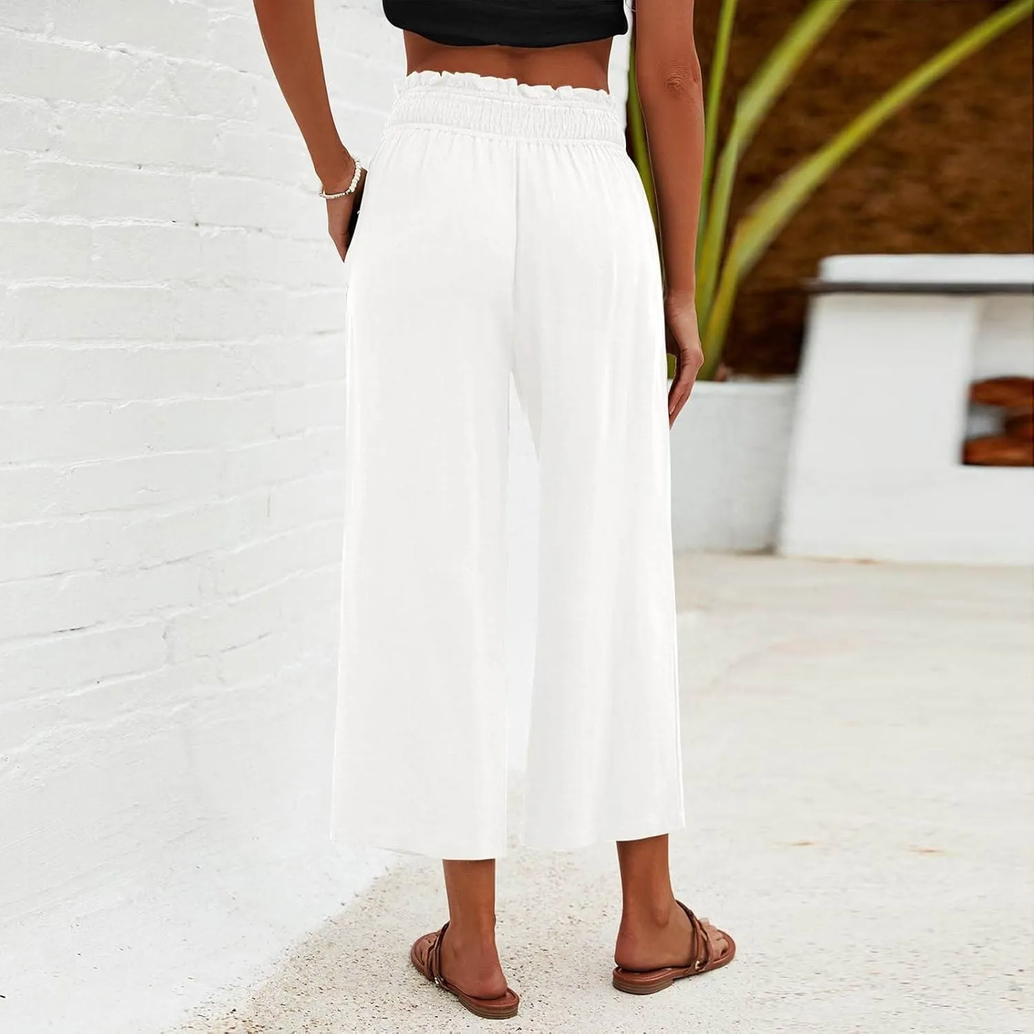 Flowy Pants for Women Wide Leg Palazzo Linen Pants Dressy Summer Casual Elastic Waist Lounge Trousers with Pocket