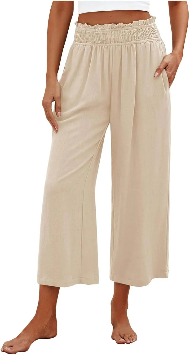Flowy Pants for Women Wide Leg Palazzo Linen Pants Dressy Summer Casual Elastic Waist Lounge Trousers with Pocket