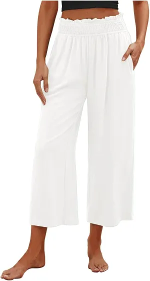 Flowy Pants for Women Wide Leg Palazzo Linen Pants Dressy Summer Casual Elastic Waist Lounge Trousers with Pocket