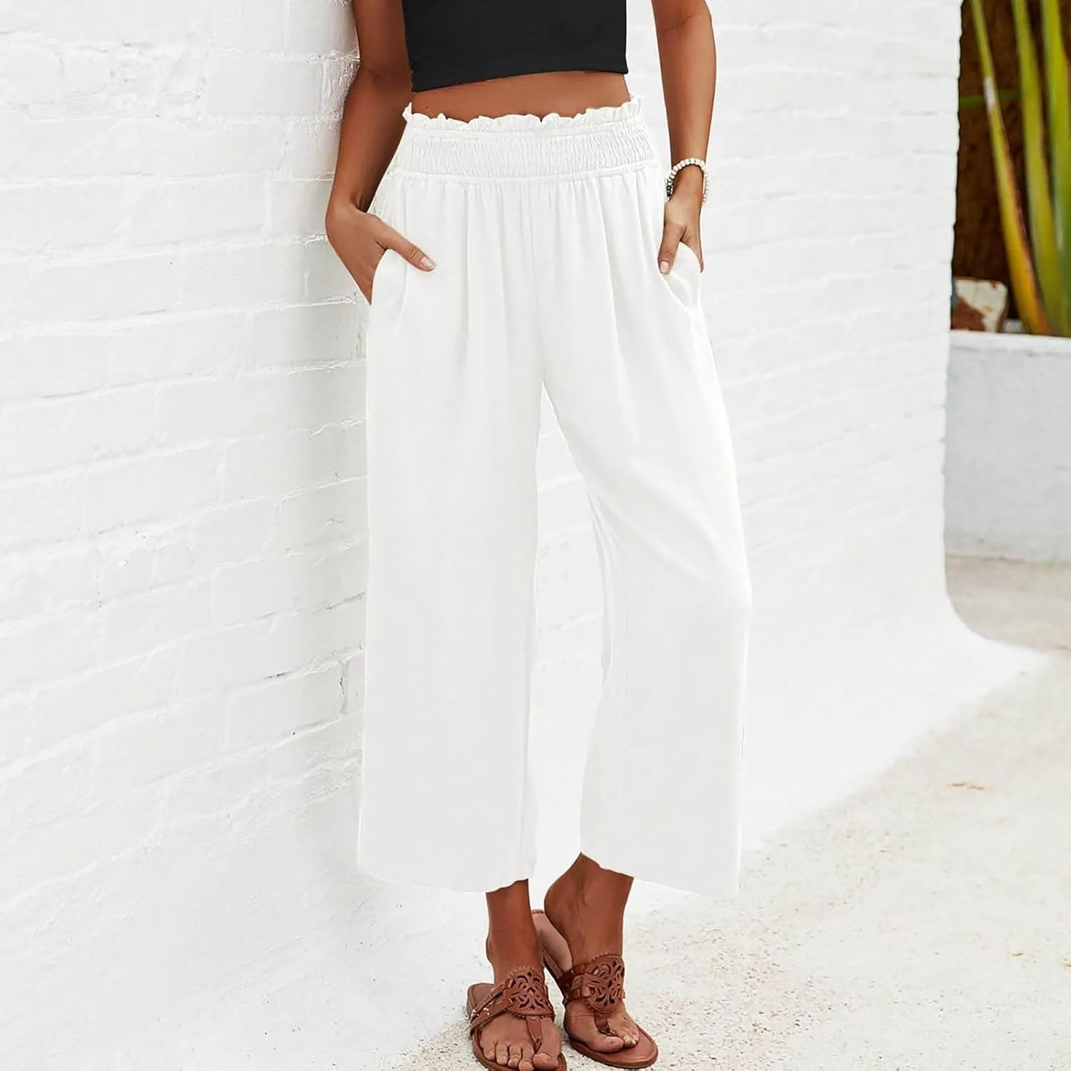 Flowy Pants for Women Wide Leg Palazzo Linen Pants Dressy Summer Casual Elastic Waist Lounge Trousers with Pocket