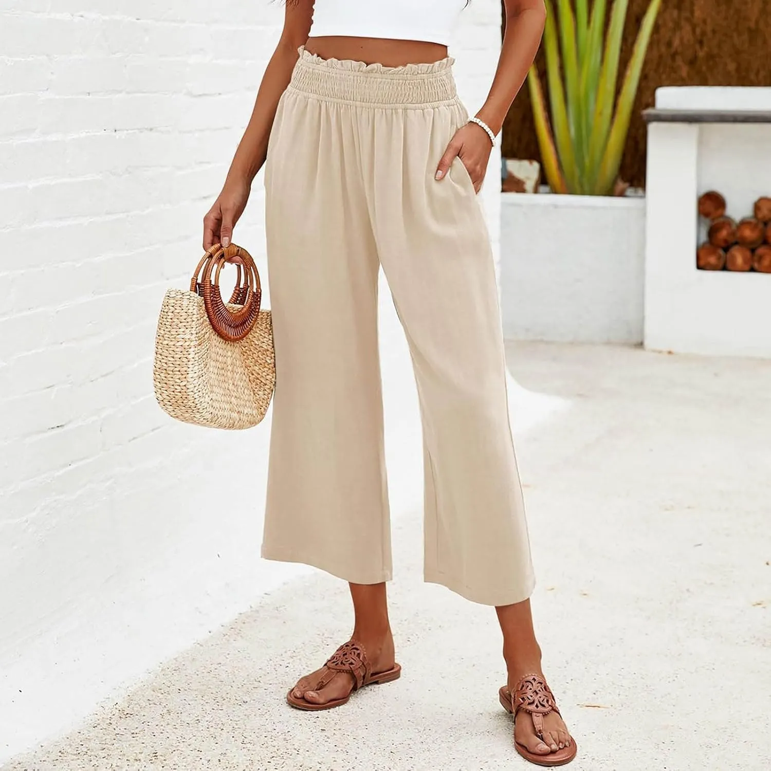 Flowy Pants for Women Wide Leg Palazzo Linen Pants Dressy Summer Casual Elastic Waist Lounge Trousers with Pocket