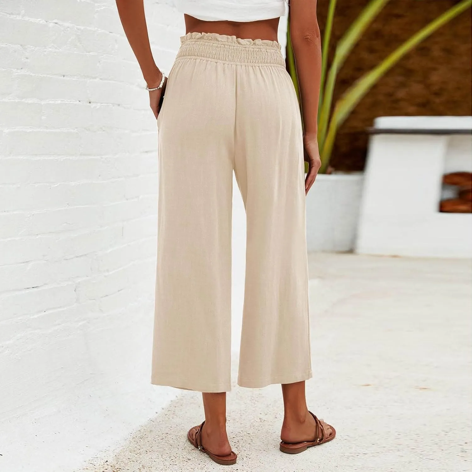 Flowy Pants for Women Wide Leg Palazzo Linen Pants Dressy Summer Casual Elastic Waist Lounge Trousers with Pocket