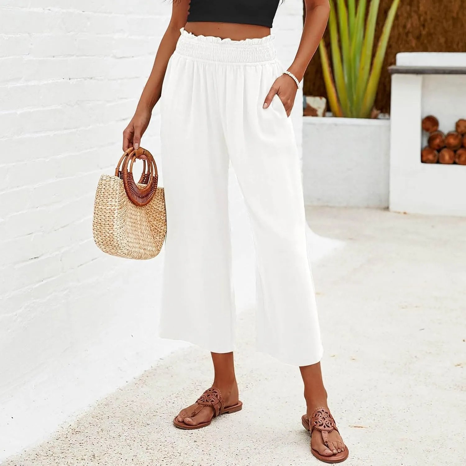 Flowy Pants for Women Wide Leg Palazzo Linen Pants Dressy Summer Casual Elastic Waist Lounge Trousers with Pocket