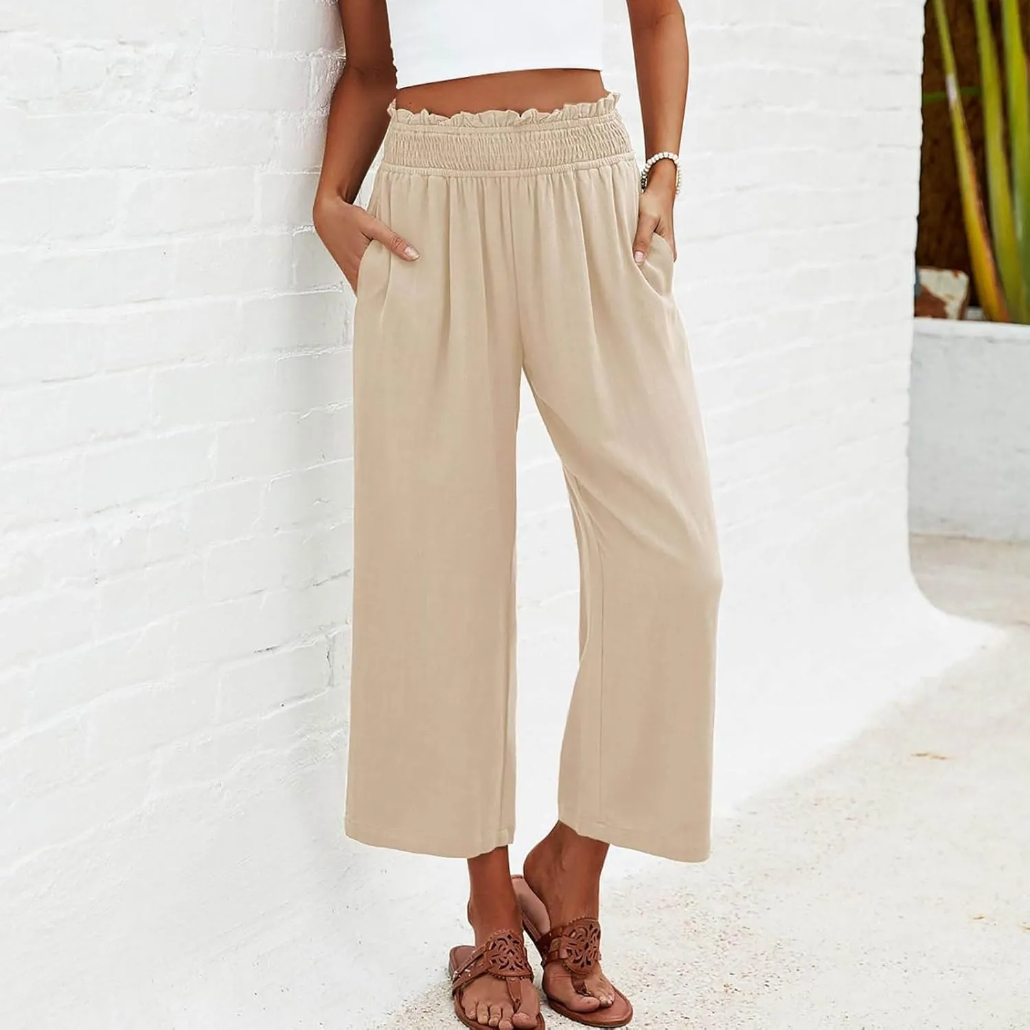 Flowy Pants for Women Wide Leg Palazzo Linen Pants Dressy Summer Casual Elastic Waist Lounge Trousers with Pocket