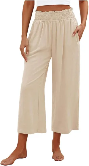 Flowy Pants for Women Wide Leg Palazzo Linen Pants Dressy Summer Casual Elastic Waist Lounge Trousers with Pocket
