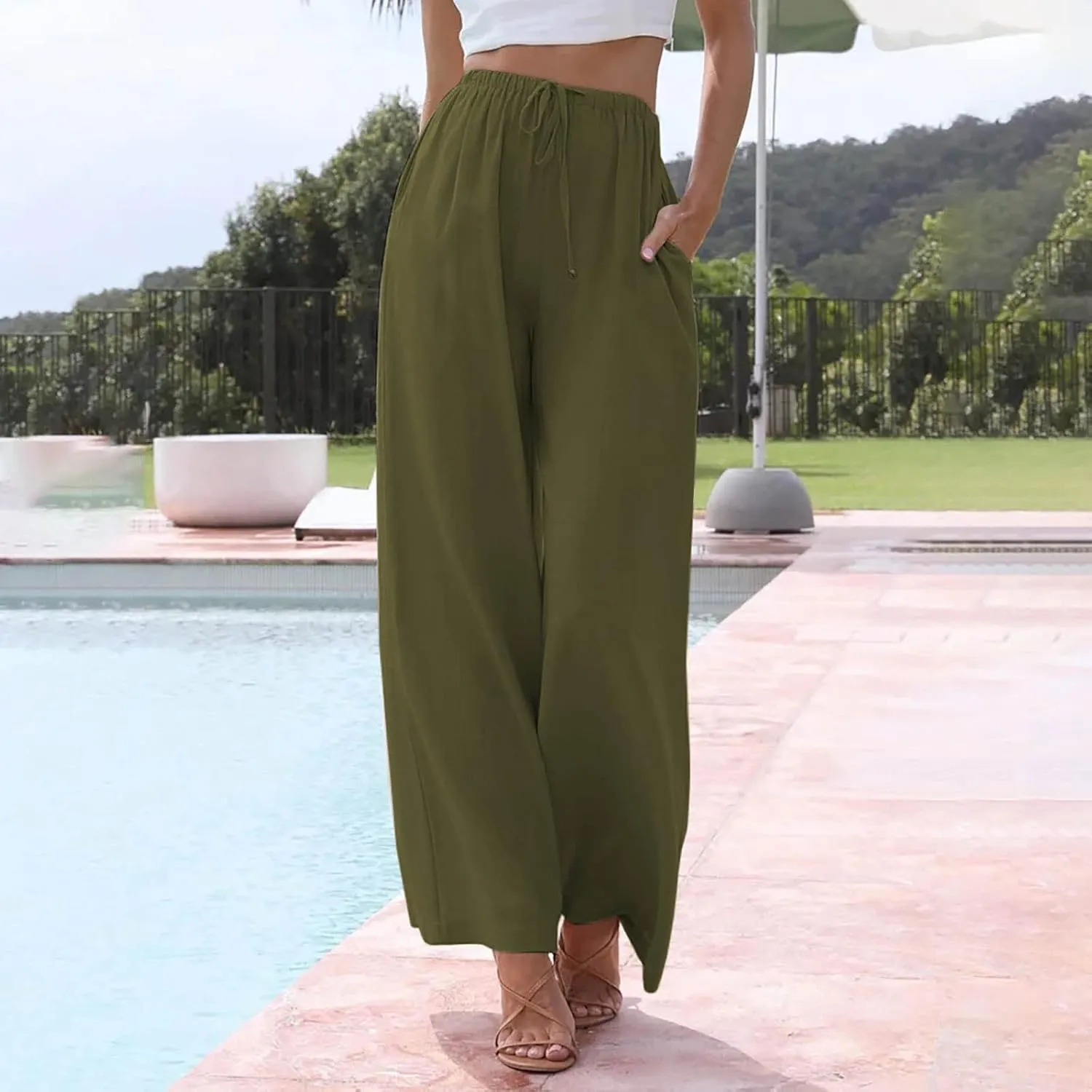 FRMUIC Women Cotton Linen Summer Palazzo Pants Flowy Wide Leg Beach Trousers Casual Lounge Pant Vacation Outfits with Pockets
