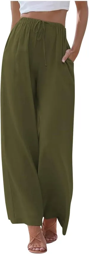 FRMUIC Women Cotton Linen Summer Palazzo Pants Flowy Wide Leg Beach Trousers Casual Lounge Pant Vacation Outfits with Pockets