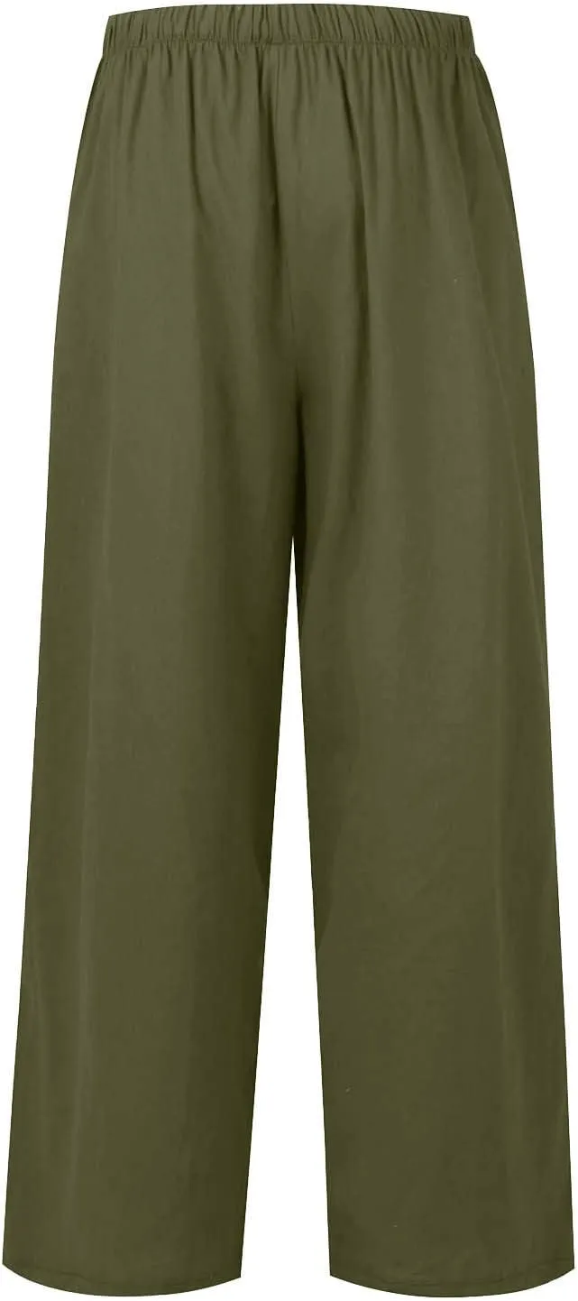 FRMUIC Women Cotton Linen Summer Palazzo Pants Flowy Wide Leg Beach Trousers Casual Lounge Pant Vacation Outfits with Pockets