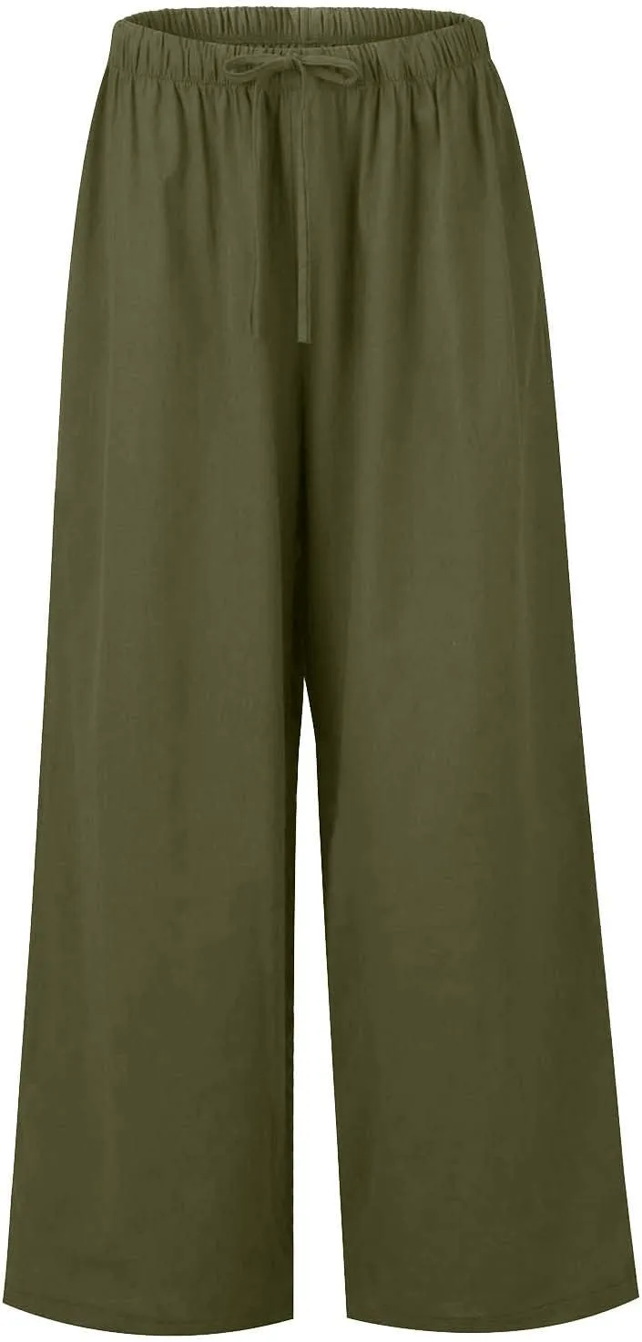 FRMUIC Women Cotton Linen Summer Palazzo Pants Flowy Wide Leg Beach Trousers Casual Lounge Pant Vacation Outfits with Pockets