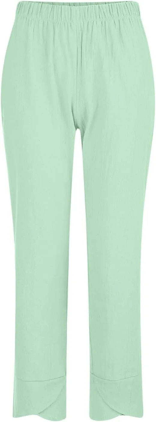 FZYLQY Capri Pants for Womens Casual Summer Cotton Linen Pants Loose Elastic Waist Capris Trousers Wide Leg Cropped Pants