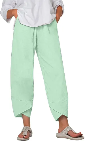FZYLQY Capri Pants for Womens Casual Summer Cotton Linen Pants Loose Elastic Waist Capris Trousers Wide Leg Cropped Pants