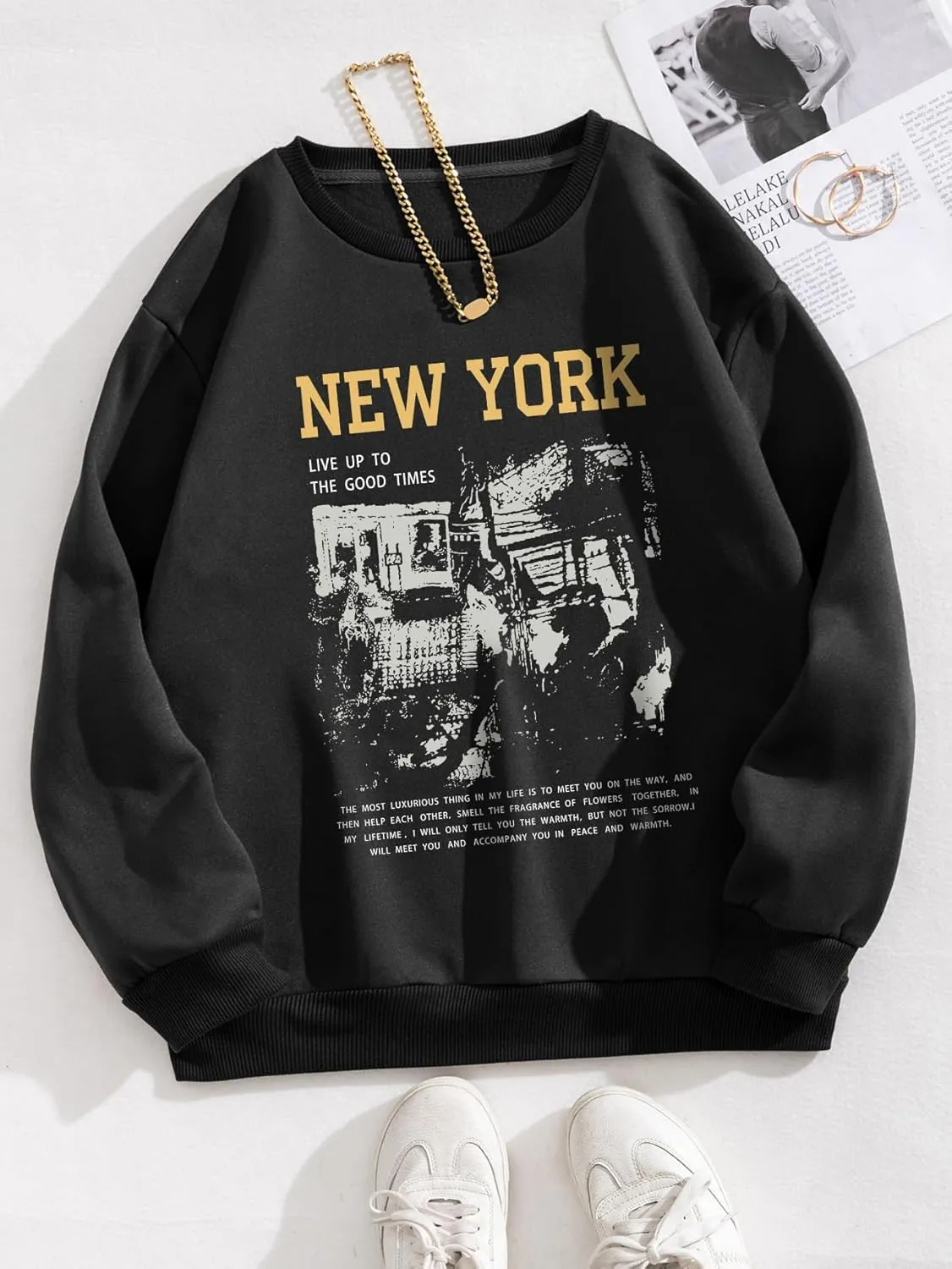 GORGLITTER Women's Letter Graphic Print Drop Shoulder Sweatshirts Long Sleeve Crew Neck Pullover Tops