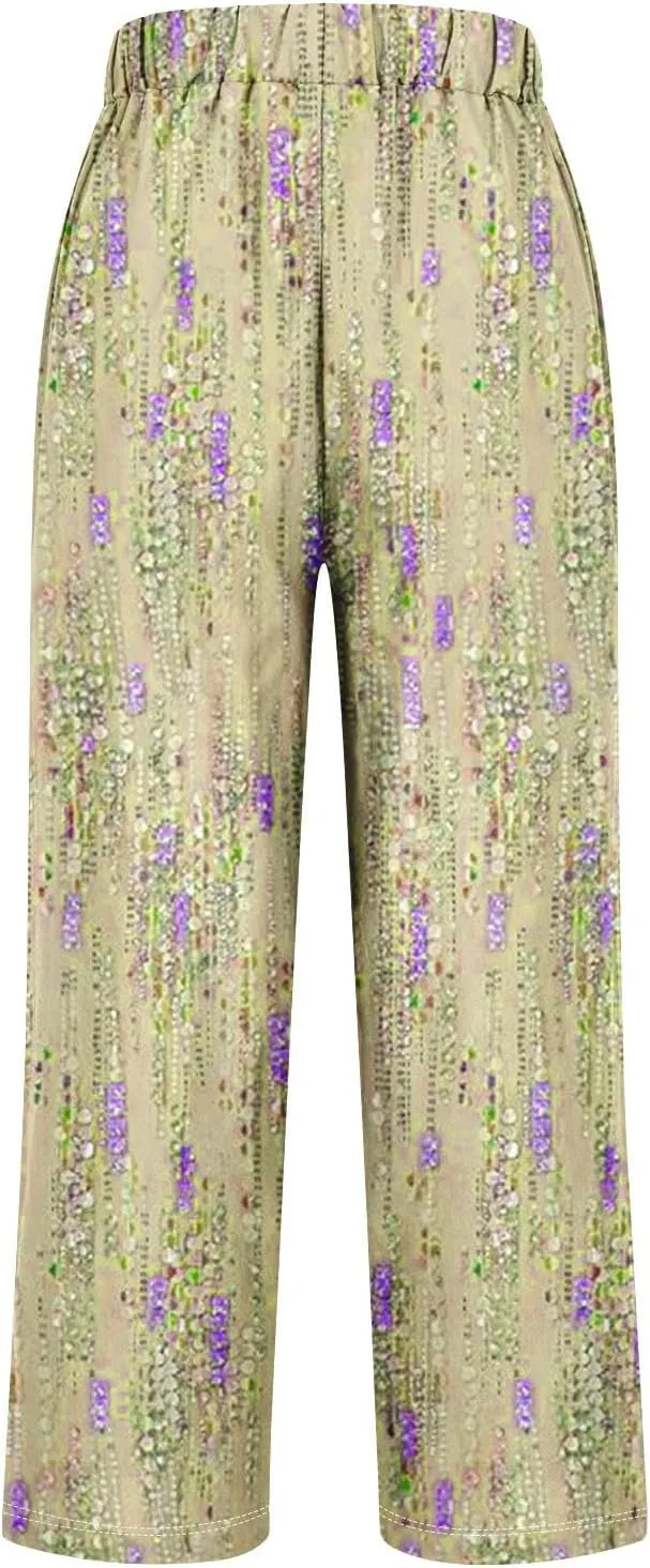 Hawaii Capri Pants Womens Casual Boho Tropical Floral Print Slacks Elastic High Waist Drawstring Summer Beach Trousers