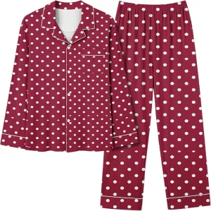 HGps8w Long Sleeve Pajamas Sets for Women Polka Dots Casual Button Down Sleepwear Tops with Long Pants Loungewear