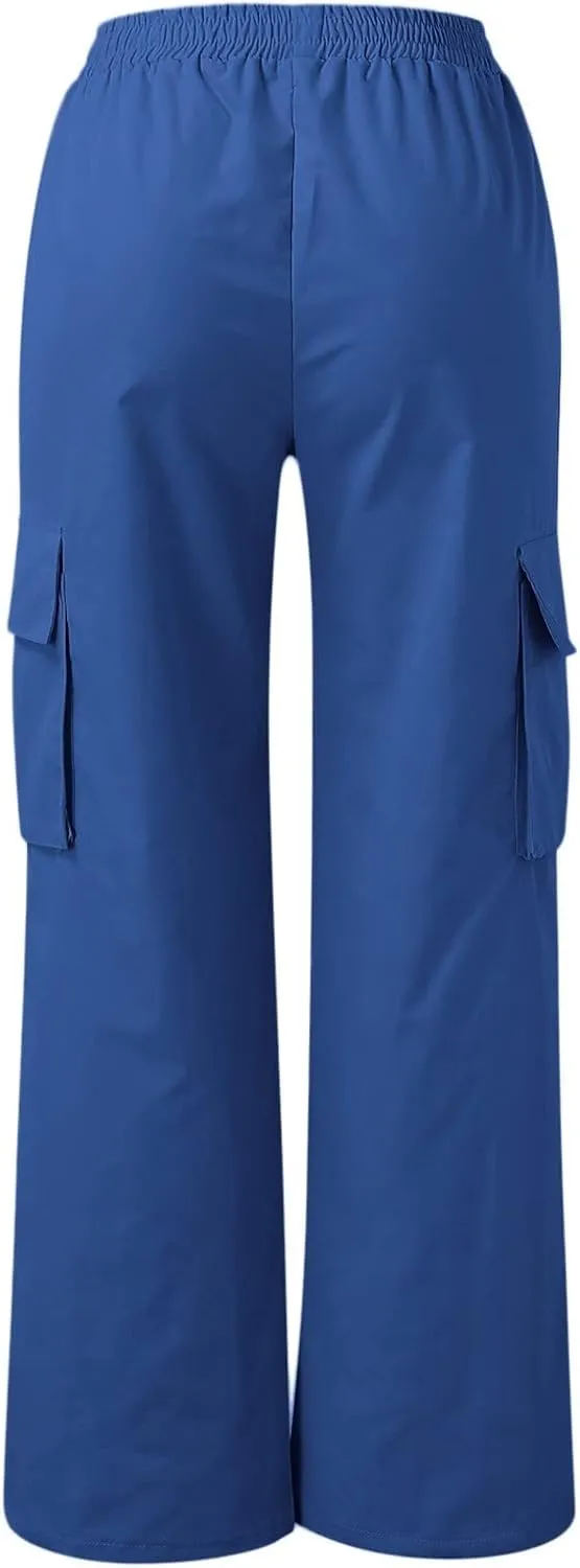 High Waisted Cargo Pants Women Elastic Waist Straight Wide Leg Trousers with Pockets Solid Color Casual Work Pants Plus Size