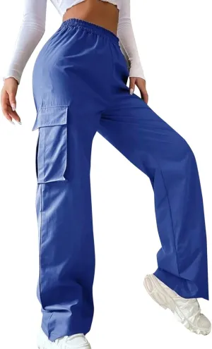 High Waisted Cargo Pants Women Elastic Waist Straight Wide Leg Trousers with Pockets Solid Color Casual Work Pants Plus Size