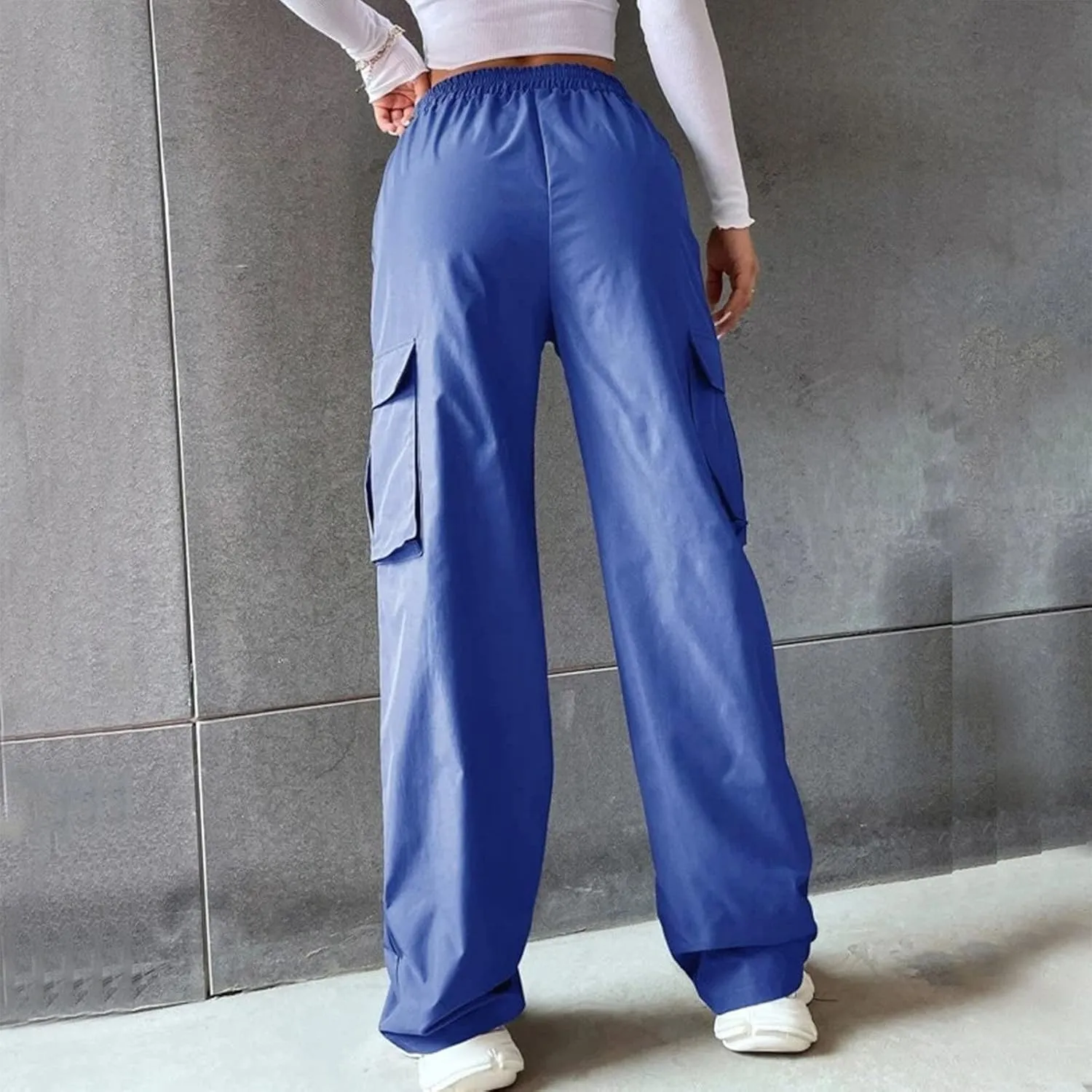 High Waisted Cargo Pants Women Elastic Waist Straight Wide Leg Trousers with Pockets Solid Color Casual Work Pants Plus Size