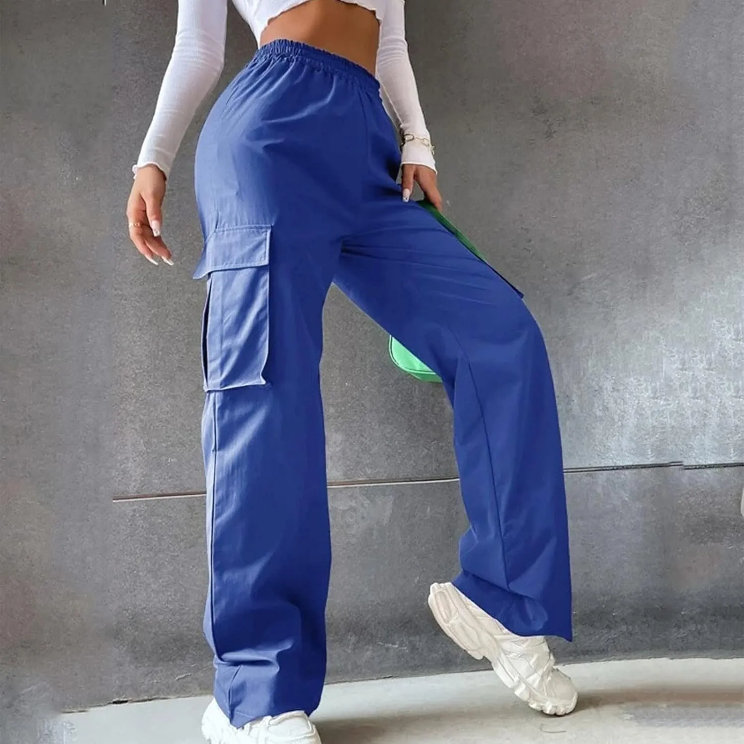 High Waisted Cargo Pants Women Elastic Waist Straight Wide Leg Trousers with Pockets Solid Color Casual Work Pants Plus Size