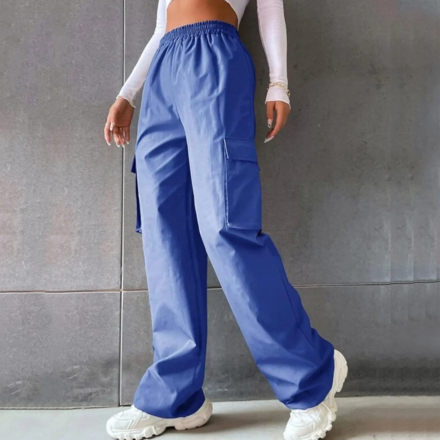 High Waisted Cargo Pants Women Elastic Waist Straight Wide Leg Trousers with Pockets Solid Color Casual Work Pants Plus Size