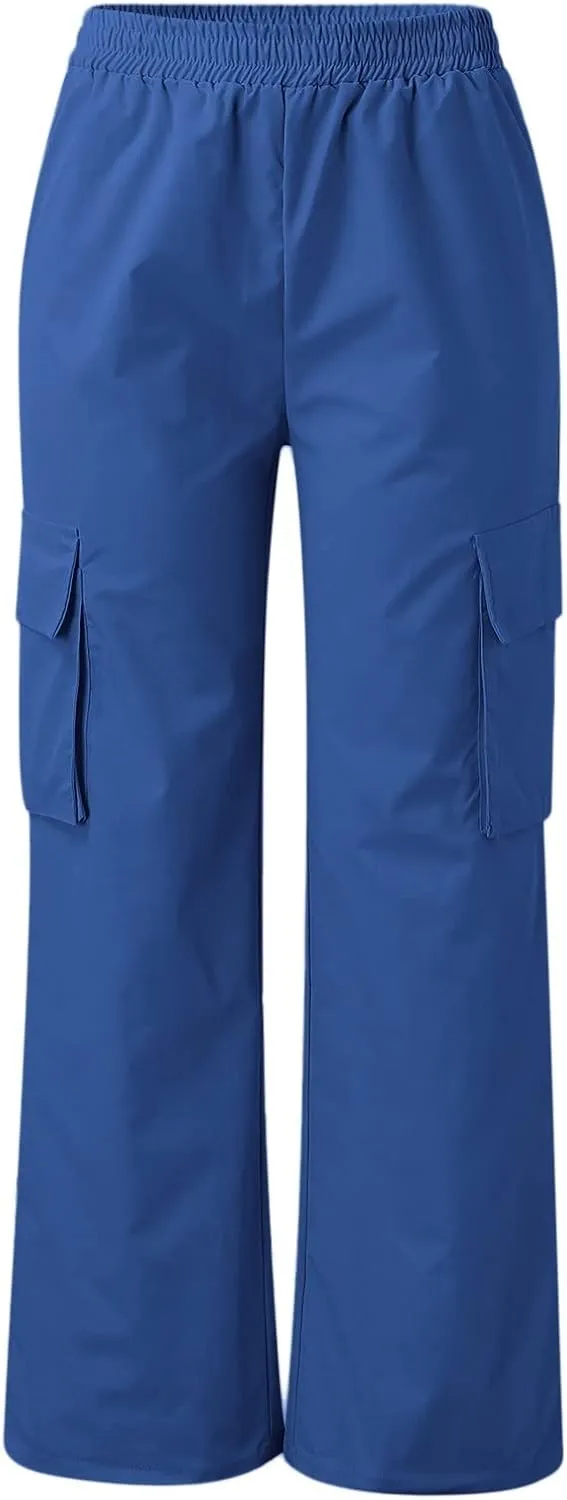 High Waisted Cargo Pants Women Elastic Waist Straight Wide Leg Trousers with Pockets Solid Color Casual Work Pants Plus Size