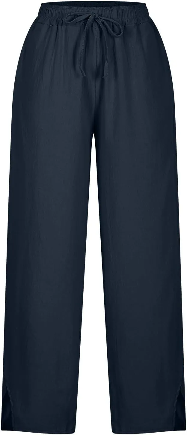 High Waisted Women's Linen Pants Comfy Wide Leg Long Trousers Flowy Cotton Linen Pants 2025 Summer Palazzo Slacks