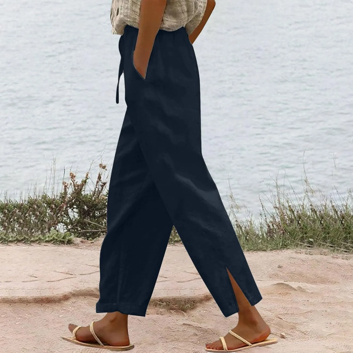 High Waisted Women's Linen Pants Comfy Wide Leg Long Trousers Flowy Cotton Linen Pants 2025 Summer Palazzo Slacks