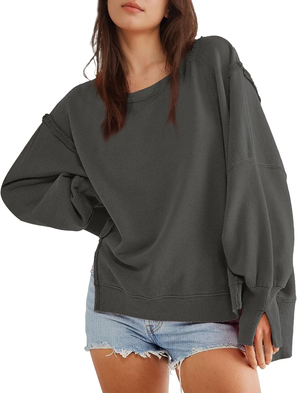 Hixiaohe Women's Oversized Crewneck Sweatshirts Casual Long Sleeve Side Split Pullover Tops Fall Slouchy Hoodie