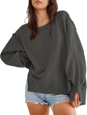 Hixiaohe Women's Oversized Crewneck Sweatshirts Casual Long Sleeve Side Split Pullover Tops Fall Slouchy Hoodie