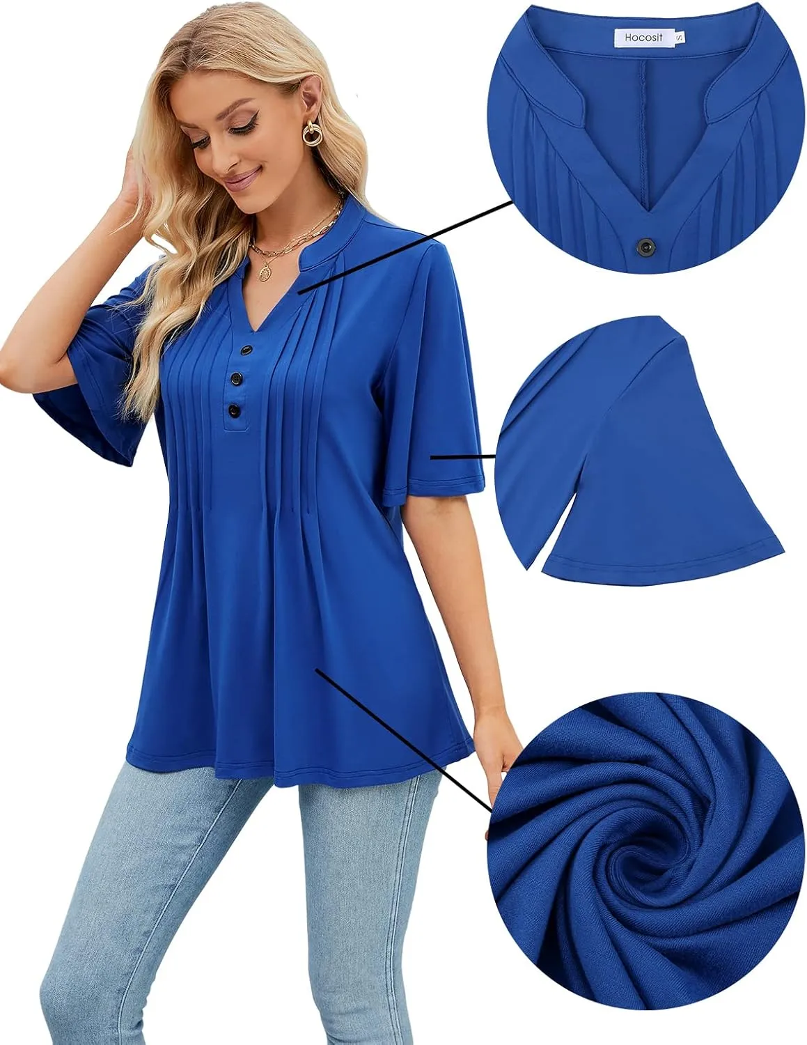 HOCOSIT Women's Floral Print Short Ruffle Sleeve Pleated Front V Neck Button Tunic Tops