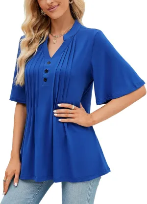 HOCOSIT Women's Floral Print Short Ruffle Sleeve Pleated Front V Neck Button Tunic Tops