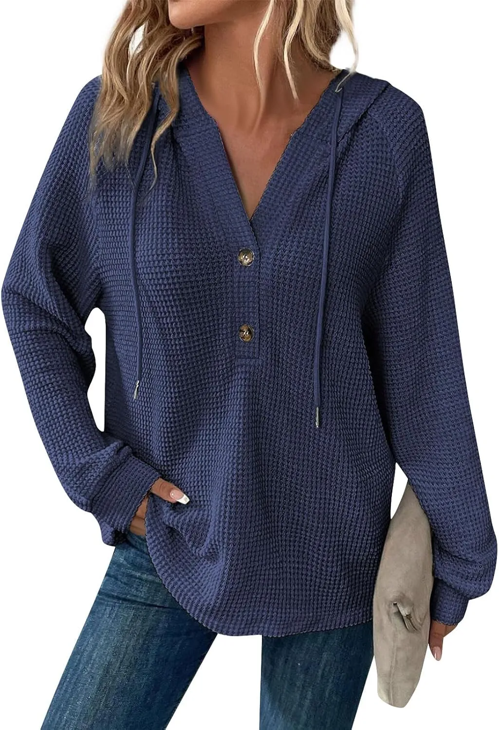 Hoodies for Women Fall Outfits for Women 2024 Waffle Knit Drawstring Button V Neck Sweatshirt Long Sleeve Tops