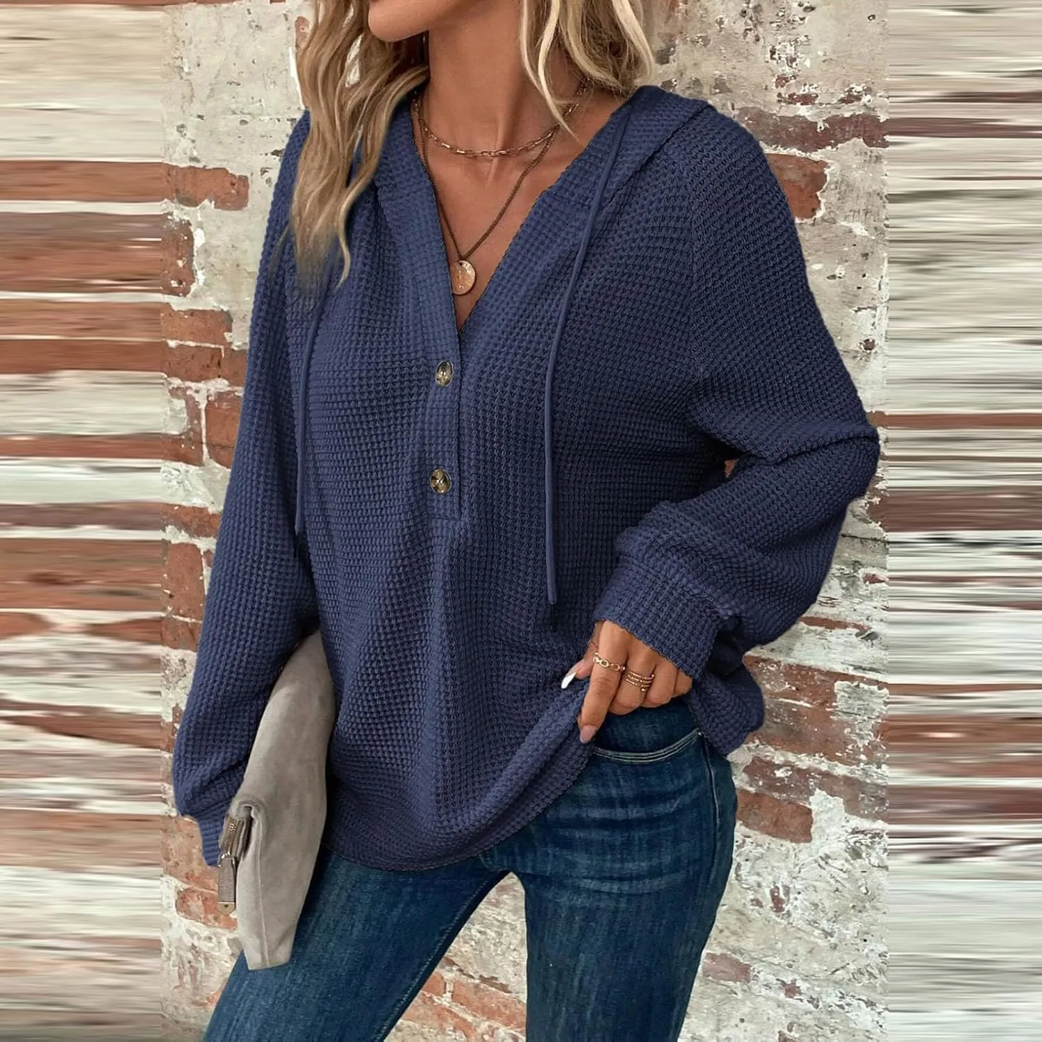 Hoodies for Women Fall Outfits for Women 2024 Waffle Knit Drawstring Button V Neck Sweatshirt Long Sleeve Tops