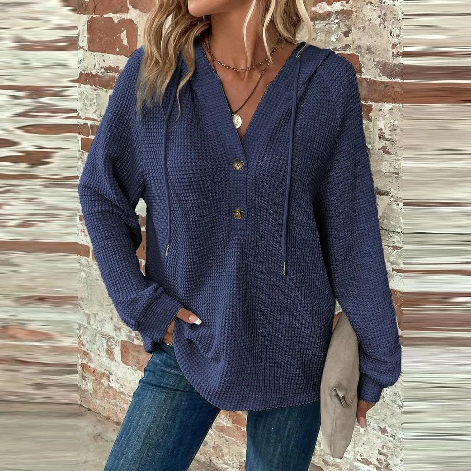 Hoodies for Women Fall Outfits for Women 2024 Waffle Knit Drawstring Button V Neck Sweatshirt Long Sleeve Tops